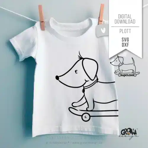 Plotterdatei Schneidedatei Hund DACKEL auf einem Skateboard