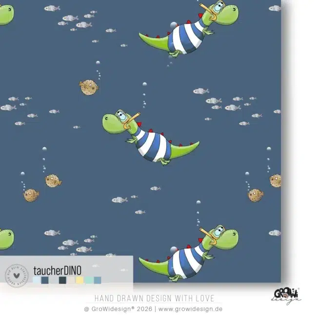 Taucher DINO seamless Stoffdesign für Stoffe & Papier
